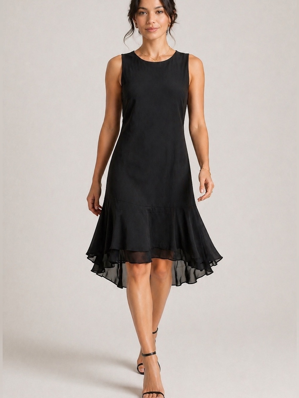 Garnet Hill | Silk Sleeveless Drop Waist Ruffle Hem Midi Dress Minimalist Chic
